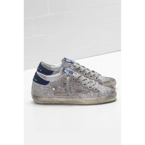Golden Goose Superstar Silver Glitter Navy Blue Leather Size 37/7